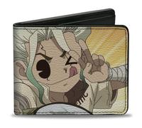 Dr. Stone Wallet, Bifold, Dr Stone Chibi Senku Ishigami Peace Pose and Logo Yellows, Vegan Leather