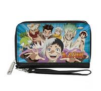 Buckle-Down Dr. Stone Wallet, Zip Around, Dr Stone Character Group Rays Pose and Title Logo Blues, Vegan Leather