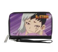 Buckle-Down Dr. Stone Wallet, Zip Around, Dr Stone Gen Asagiri Face and Title Logo Purples, Vegan Leather