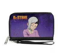 Buckle-Down Dr. Stone Wallet, Zip Around, Dr Stone Gen Asagiri Laughing Pose Title Logo Purples, Vegan Leather
