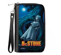 Buckle-Down Dr. Stone Wallet, Zip Around, Dr Stone Senku Ishigami Full Moon Tree Pose and Logo Blues, Vegan Leather