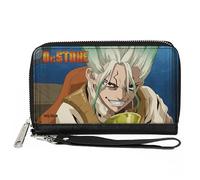 Buckle-Down Dr. Stone Wallet, Zip Around, Dr Stone Senku Ishigami Grinning Pose and Title Logo Blues, Vegan Leather