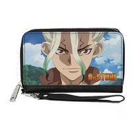 Buckle-Down Dr. Stone Wallet, Zip Around, Dr Stone Senku Ishigami New World Map Pose and Title Logo, Vegan Leather