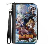 Buckle-Down Dr. Stone Wallet, Zip Around, Dr Stone Three Character Group Pose and Title Logo, Vegan Leather