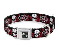 Buckle-Down Easy Adjustable Metal Seatbelt Buckle Quick Release Dog Collar, Brass Knuckles Skulls, 20 to 31 Inches 1.5 Inch Wide-Large