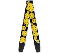 Buckle-Down Guitar Strap, Smiley Face Splatter Scattered Black Yellow, 2 Inches Wide, Yellow, 2" Wide - 29-54" Length