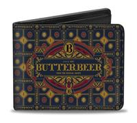 Buckle-Down Harry Potter Wallet, Bifold, Harry Potter Butterbeer Logo and Pattern Blue Yellow Burgundy, Vegan Leather