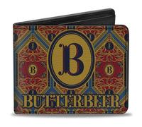 Buckle-Down Harry Potter Wallet, Bifold, Harry Potter Butterbeer Logo and Pattern Burgundy Yellow Blue, Vegan Leather