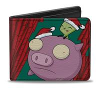 Buckle-Down Invader Zim Wallet, Bifold, Holiday Invader Zim Santa GIR and Piggy Flying Red Green, Vegan Leather