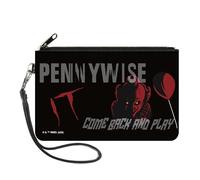 Buckle-Down IT Wallet, Zip Clutch, It Pennywise Come Back and Play Face and Balloons Black Gray, Canvas, L, Casual