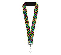 Buckle-Down Lanyard, Smiley Faces Melted Mini Repeat Angle Black Multi Neon, Elastic, Smiley Face, 22" x 1"
