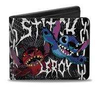 Buckle-Down Lilo and Stitch Wallet, Bifold, Stitch and Leroy Chains Pose Black Gray, Vegan Leather