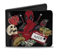Buckle-Down Marvel Comics Wallet, Bifold, Deadpool Hello I'm Wade Pose and Icons Black, Vegan Leather