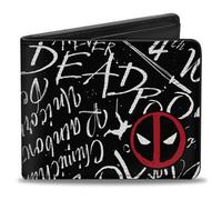 Buckle-Down Marvel Comics Bifold Wallet | Deadpool Quotes Collage and Logo Black White Red Billfold Credit Card and ID Slots Vegan Leather