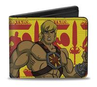 Buckle-Down Masters of the Universe Wallet, Bifold, Masters of the Universe He Man Pose and Logo Yellow Red Blues, Vegan Leather