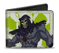Buckle-Down Masters of the Universe Wallet, Bifold, Masters of the Universe Skeletor Poses White Lime Green, Vegan Leather
