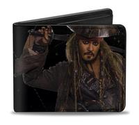 Buckle-Down Men's Disney Wallet, Bifold, Jack Sparrow Vivid Pose Pirates Logo Skull Black Gold Silver, Vegan Leather, Multicolor, Standard Size, Multicolor, Default Size