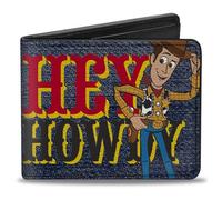 Buckle-Down Men's Disney Wallet, Bifold, Toy Story Woody Hey Howdy Denim Print Blue Brown Red Yellow, Vegan Leather, 4.0" x 3.5", ID Window