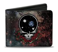 Buckle-Down Mens Pu Bifold - Space Your Face + Skull & Roses/Galaxy Wallet, Multicolor, 4.0 x 3.5 US
