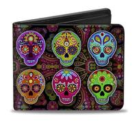 Buckle Down Men's PU Bifold Wallet-Six Sugar Skulls Multi Color, Multicolor, 4.0" x 3.5", Multicolor, 4.0" x 3.5", Pu Bifold Wallet - Six Sugar Skulls Multi Color