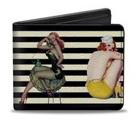 Buckle-Down Men's Retro Pin Up Girl Striped Bifold Wallet, Black & White, Vegan Leather, 4" x 3.5", ID Window