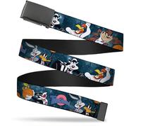 Buckle Down Men's Web Belt Looney 1.5", Space Jam Tunes Squad 7-Player Poses Galaxy Blues, Wide-Fits up to 42" Pant Size
