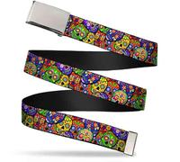 Buckle-Down Men's Web Belt Thaneeya Sugar Skulls 1.25", Colorful Calaveras Stacked Multi Color, Wide-Fits up to 42" Pant Size