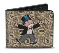 Buckle-Down Hasbro Wallet, Bifold, Mr Monopoly Rich Uncle Pennybags Pose 100 Money Bills Stacked, Vegan Leather, Multicolor, 4.0" x 3.5", Casual