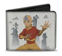 Buckle-Down Nickelodeon Vegan Leather Mens Bifold Wallet with Billfolds, Card Slots & ID Holder - Avatar The Last Airbender Aang Bending Pose and Scenery - White & Grey, White, 4.0" x 3.5", Casual