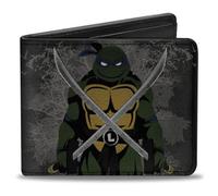 Buckle-Down Nickelodeon Wallet, Bifold, Classic TMNT Leonardo Crossed Katana Dark Pose Black Grays, Vegan Leather