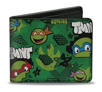 Buckle-Down Nickelodeon Wallet, Bifold, Teenage Mutant Ninja Turtles TMNT Faces Brick Wall Greens, Vegan Leather, Green, 4.0" x 3.5", Casual