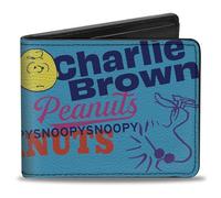 Buckle-Down Peanuts Wallet, Bifold, Charlie Brown Snoopy and Woodstock Typography Collage Blue, Vegan Leather