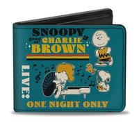Buckle-Down Peanuts Wallet, Bifold, Peanuts Gang Dance Music Poses and Quotes Blue Multi Color, Vegan Leather