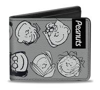 Buckle-Down Peanuts Wallet, Bifold, Peanuts Gang Ten Character Faces Gray Black White, Vegan Leather