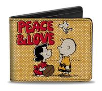 Buckle-Down Peanuts Wallet, Bifold, Peanuts Social Club Peace and Love Scenes Yellow Red, Vegan Leather