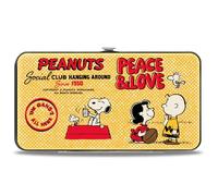 Buckle-Down Peanuts Wallet, Hinged, Peanuts Social Club Peace and Love Scenes Yellow Red, Vegan Leather