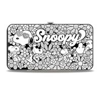 Buckle-Down Peanuts Wallet, Hinged, Snoopy Poses and Daisy Flowers Collage Black Grays White, Vegan Leather