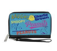 Buckle-Down Peanuts Wallet, Zip Around, Charlie Brown Snoopy and Woodstock Typography Collage Blue, Vegan Leather
