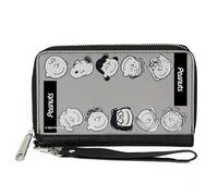 Buckle-Down Peanuts Wallet, Zip Around, Peanuts Gang Ten Character Faces Gray Black White, Vegan Leather