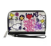 Buckle-Down Peanuts Wallet, Zip Around, Peanuts Snoopy and Woodstock Graffiti Collage Multi Color, Vegan Leather