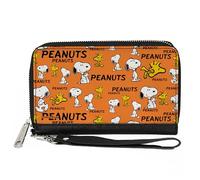 Buckle-Down Peanuts Wallet, Zip Around, Peanuts Snoopy and Woodstock Poses Collage Orange, Vegan Leather