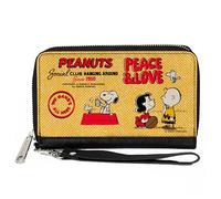Buckle-Down Peanuts Wallet, Zip Around, Peanuts Social Club Peace and Love Scenes Yellow Red, Vegan Leather