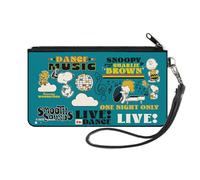 Buckle-Down Peanuts Wallet, Zip Clutch, Peanuts Gang Dance Music Poses and Quotes Blue Multi Color, Canvas, Blue, S, Casual