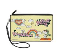 Buckle-Down Peanuts Wallet, Zip Clutch, Peanuts Snoopy Flying Ace and Woodstock Groovy Quotes Collage, Canvas, Yellow, L, Casual