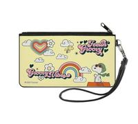 Buckle-Down Peanuts Wallet, Zip Clutch, Peanuts Snoopy Flying Ace and Woodstock Groovy Quotes Collage, Canvas, Yellow, S, Casual