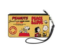 Buckle-Down Peanuts Wallet, Zip Clutch, Peanuts Social Club Peace and Love Scenes Yellow Red, Canvas, Yellow, S, Casual