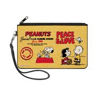 Buckle-Down Peanuts Wallet, Zip Clutch, Peanuts Social Club Peace and Love Scenes Yellow Red, Canvas, Yellow, Large