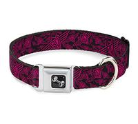 Buckle-Down Pet Collar, Dog Collar Metal Seatbelt Buckle, Buckle Down BD Logo Scattered Black Fuchsia, 16 to 23 Inches 1.5 Inch Wide