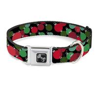 Buckle-Down Pet Collar, Dog Collar Metal Seatbelt Buckle, Christmas Holiday Globe Ball Ornaments Black Reds Greens, 9.5 to 13 Inches 1.0 Inch Wide