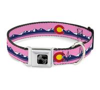 Buckle-Down Pet Collar, Dog Collar Metal Seatbelt Buckle, Colorado Flag Icon Mountain Skyline Pink Blue White, 11 to 16.5 Inches 1.0 Inch Wide